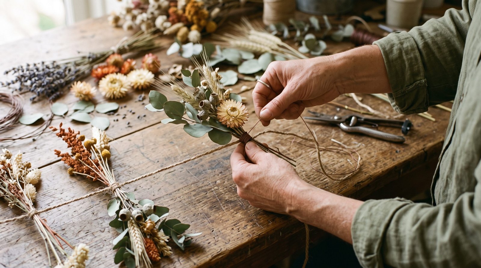 Hands wiring a bundle of dried eucalyptus and wheat onto jute twine while making a DIY fall garland