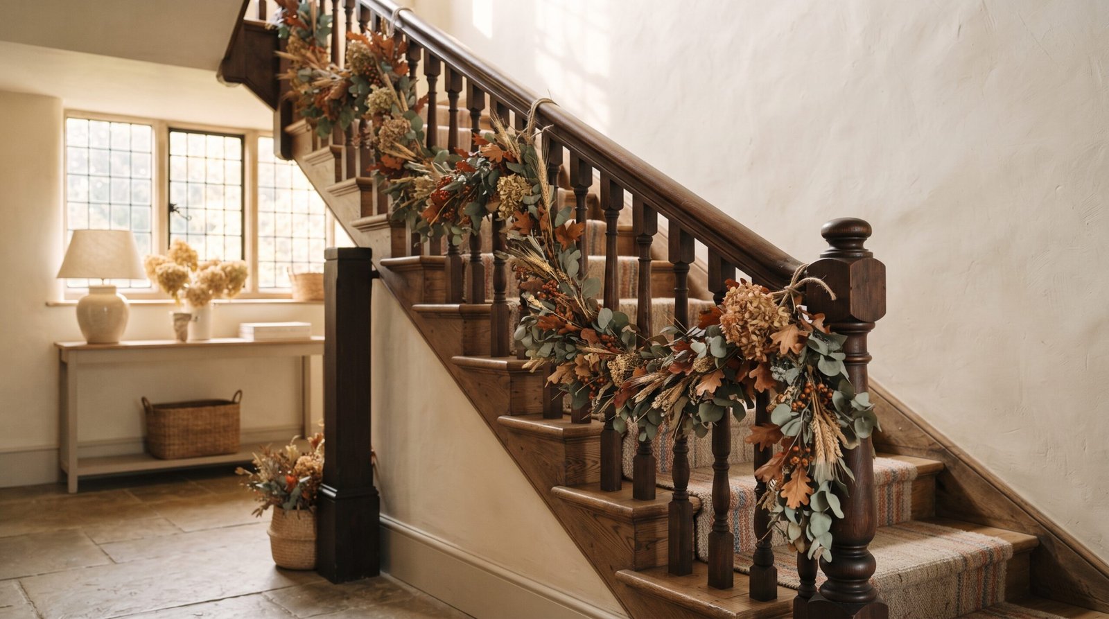 DIY fall garland wound along a stair banister with soft swags between the newel posts