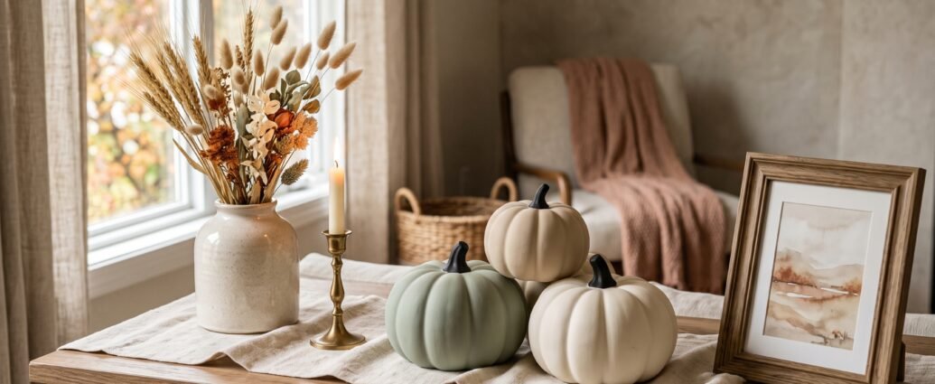 Dollar Tree fall decor styled to look expensive with matte cream and sage painted pumpkins, dried wheat and a linen runner