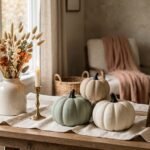 Dollar Tree fall decor styled to look expensive with matte cream and sage painted pumpkins, dried wheat and a linen runner