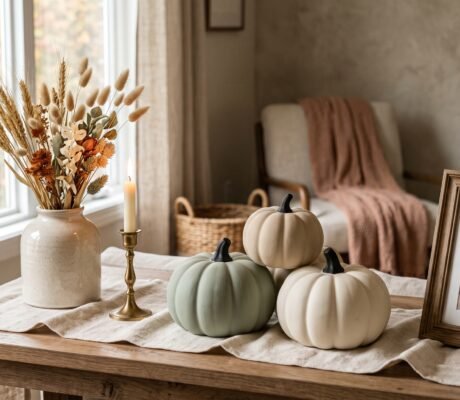 Dollar Tree fall decor styled to look expensive with matte cream and sage painted pumpkins, dried wheat and a linen runner