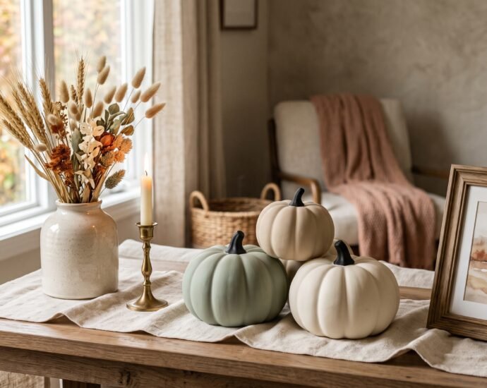 Dollar Tree fall decor styled to look expensive with matte cream and sage painted pumpkins, dried wheat and a linen runner