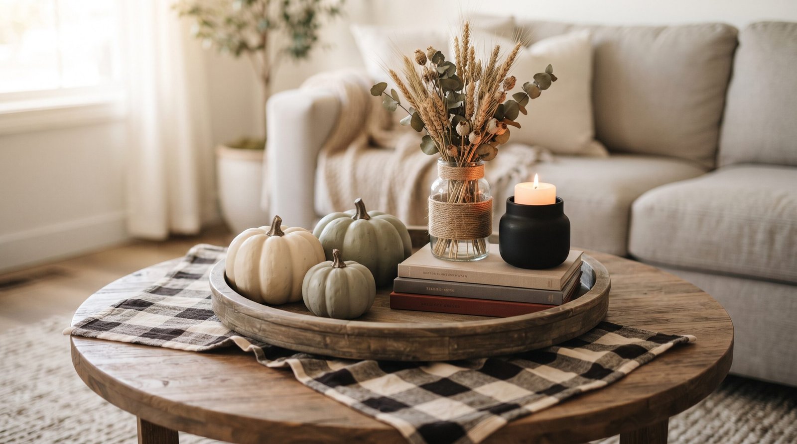 Dollar Tree fall decor arranged on a wooden coffee table tray with painted pumpkins, a jute wrapped vase and buffalo check textile