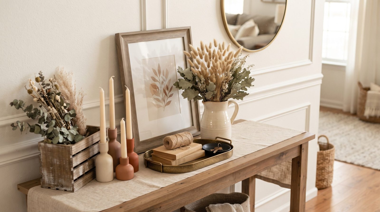 Entry console with Dollar Tree fall decor upgraded using a dry brushed wood crate, matte painted candle holders and dried stems