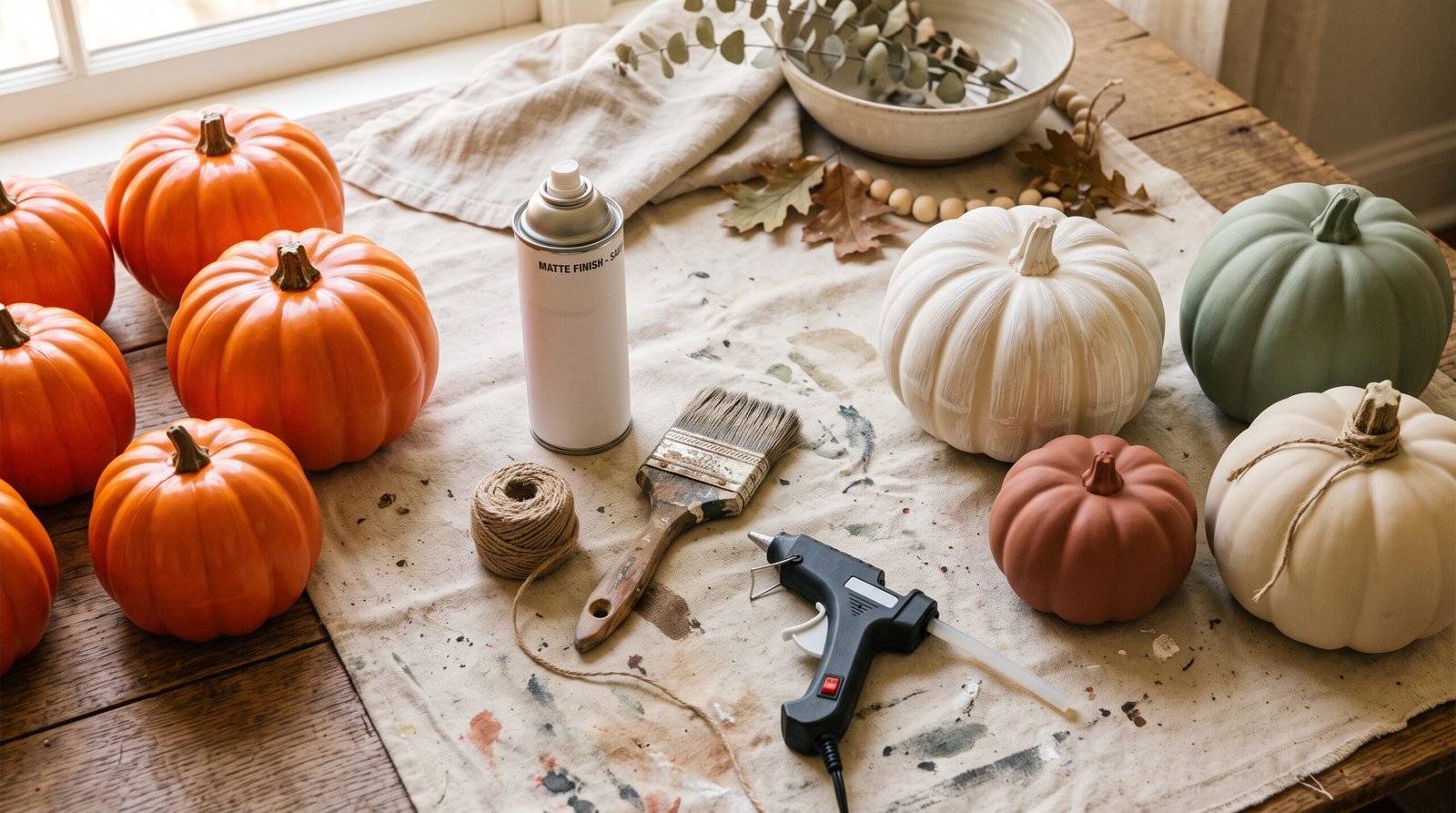 Dollar Tree fall decor makeover showing glossy plastic pumpkins before and matte cream and sage spray painted pumpkins after