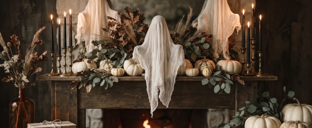 DIY Halloween decorations styled on a mantel with cheesecloth ghosts, black tapers in brass candlesticks and cream heirloom pumpkins