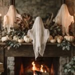 DIY Halloween decorations styled on a mantel with cheesecloth ghosts, black tapers in brass candlesticks and cream heirloom pumpkins