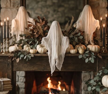 DIY Halloween decorations styled on a mantel with cheesecloth ghosts, black tapers in brass candlesticks and cream heirloom pumpkins
