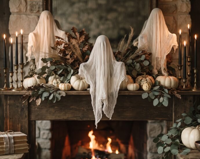 DIY Halloween decorations styled on a mantel with cheesecloth ghosts, black tapers in brass candlesticks and cream heirloom pumpkins