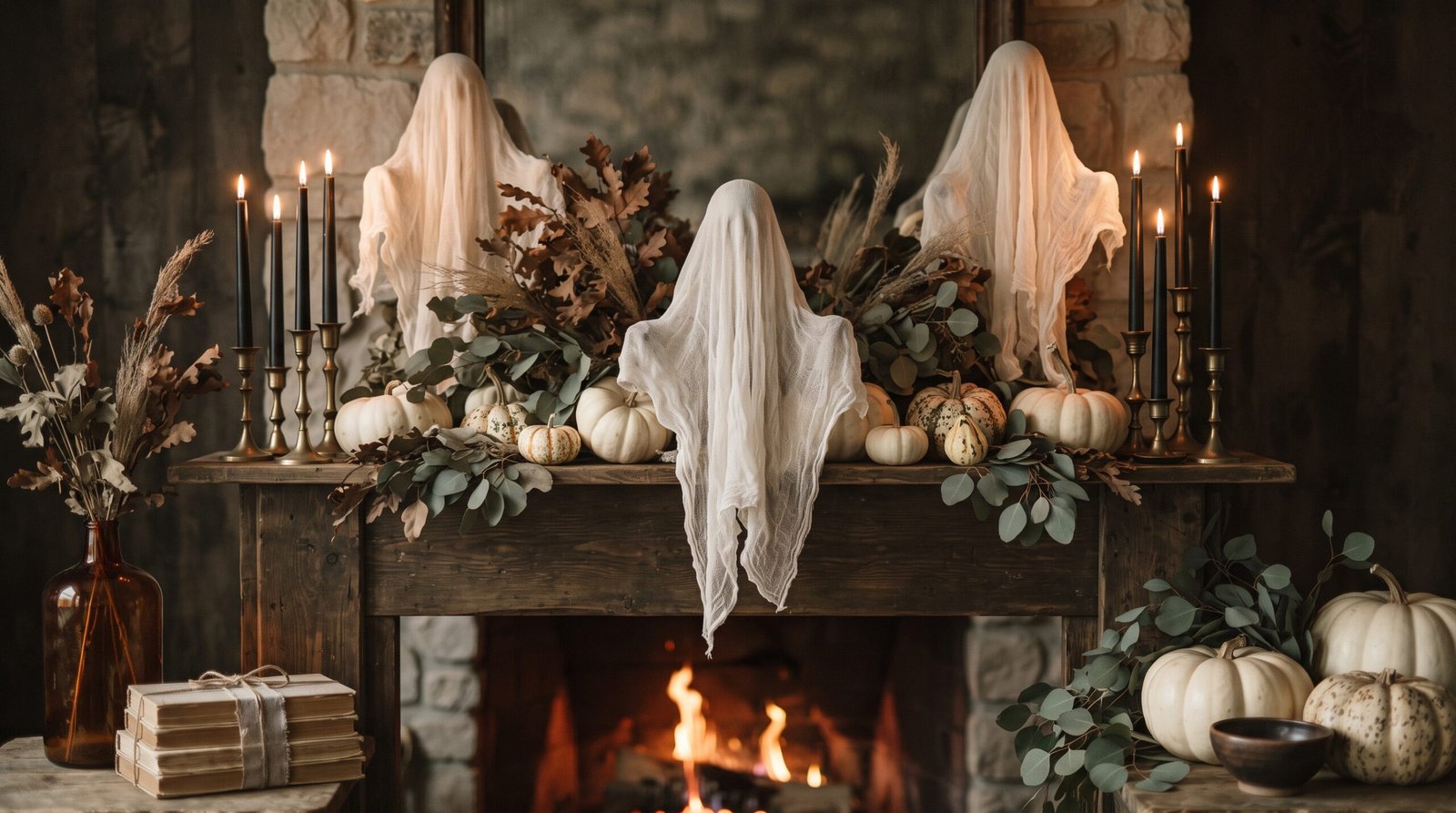 DIY Halloween decorations styled on a mantel with cheesecloth ghosts, black tapers in brass candlesticks and cream heirloom pumpkins