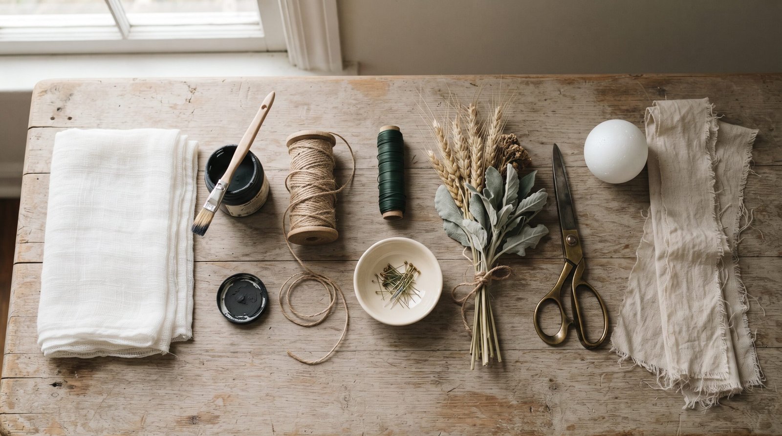 Craft materials for DIY Halloween decorations laid out on oak: cheesecloth, matte black paint, jute twine, wire and dried wheat