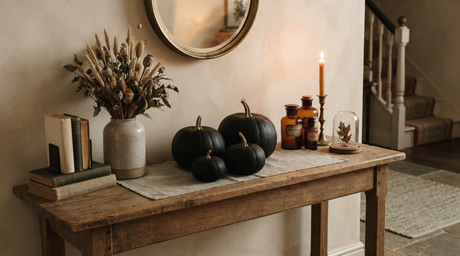 Entry console styled with DIY Halloween decorations including matte black pumpkins, amber apothecary bottles and a bell jar cloche