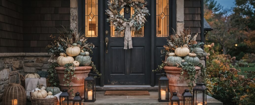 Elegant Halloween porch decor with a dried botanical wreath on a charcoal door and heirloom pumpkins in terracotta planters