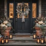 Elegant Halloween porch decor with a dried botanical wreath on a charcoal door and heirloom pumpkins in terracotta planters