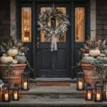 Elegant Halloween porch decor with a dried botanical wreath on a charcoal door and heirloom pumpkins in terracotta planters