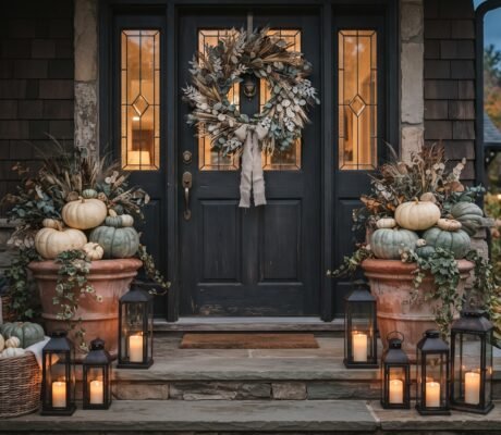 Elegant Halloween porch decor with a dried botanical wreath on a charcoal door and heirloom pumpkins in terracotta planters