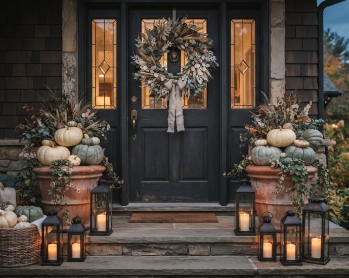 Elegant Halloween porch decor with a dried botanical wreath on a charcoal door and heirloom pumpkins in terracotta planters
