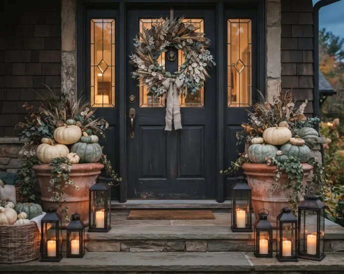 Elegant Halloween porch decor with a dried botanical wreath on a charcoal door and heirloom pumpkins in terracotta planters