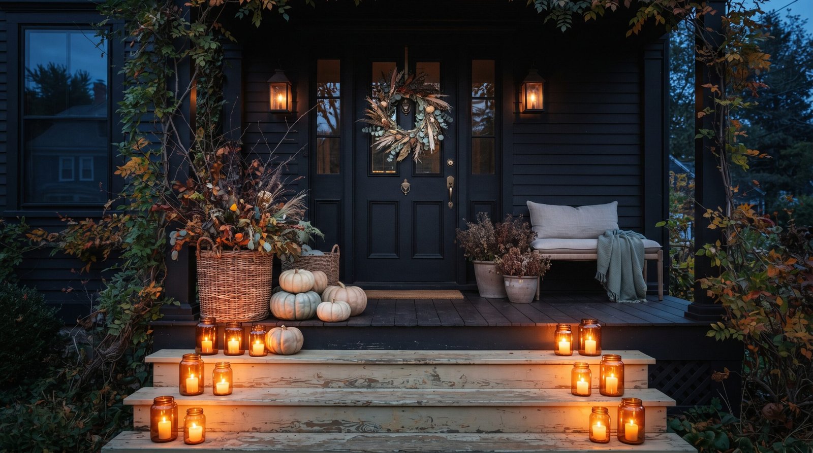 Front porch at dusk with DIY Halloween decorations: amber jar luminaries on the steps, cream pumpkins and a dried botanical wreath