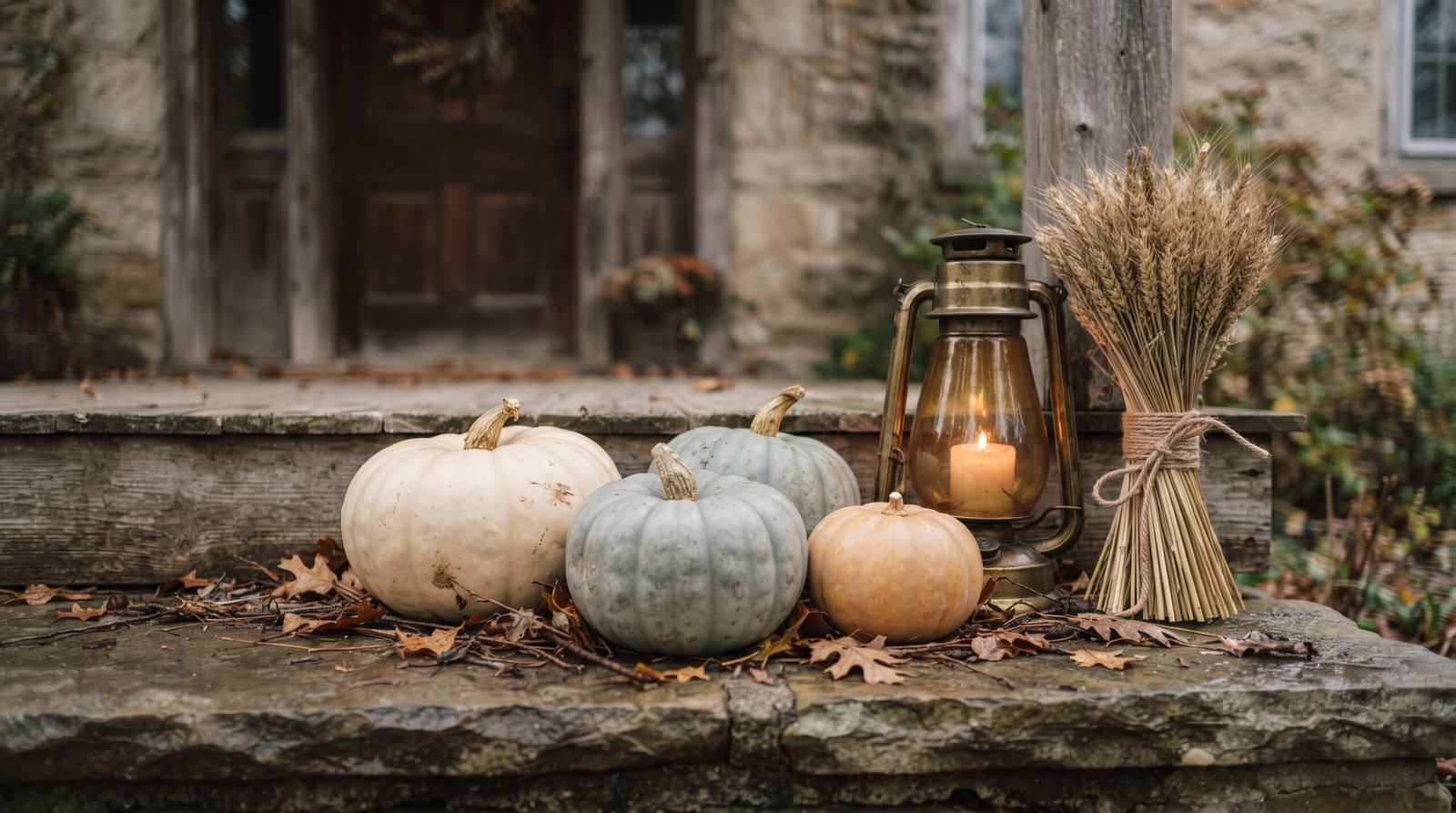 Halloween porch decor detail with three graduated heirloom pumpkins, an amber glass lantern and dried wheat on damp stone steps