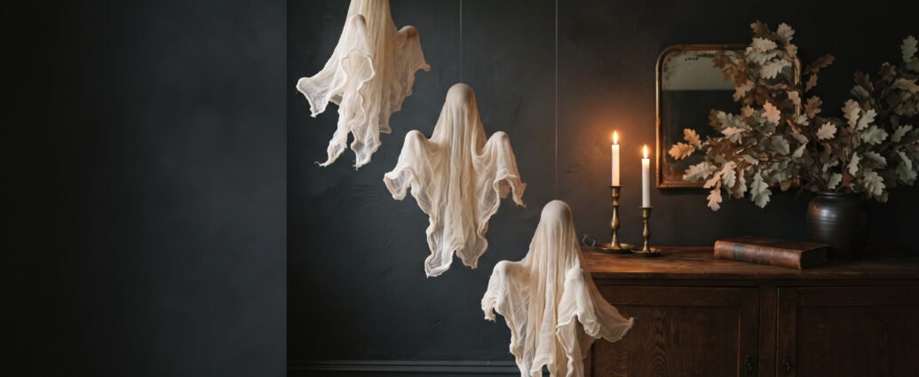 Three cheesecloth ghosts hanging at staggered heights against a charcoal wall, lit by warm candlelight