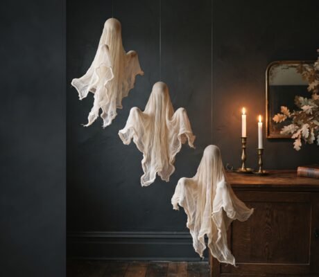 Three cheesecloth ghosts hanging at staggered heights against a charcoal wall, lit by warm candlelight