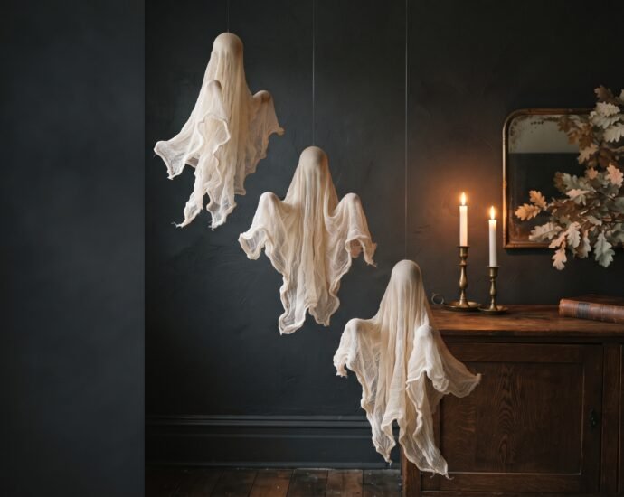 Three cheesecloth ghosts hanging at staggered heights against a charcoal wall, lit by warm candlelight