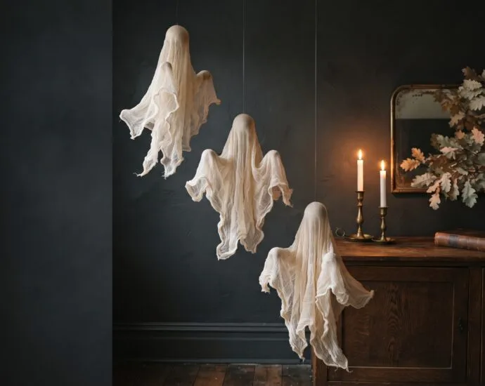 Three cheesecloth ghosts hanging at staggered heights against a charcoal wall, lit by warm candlelight