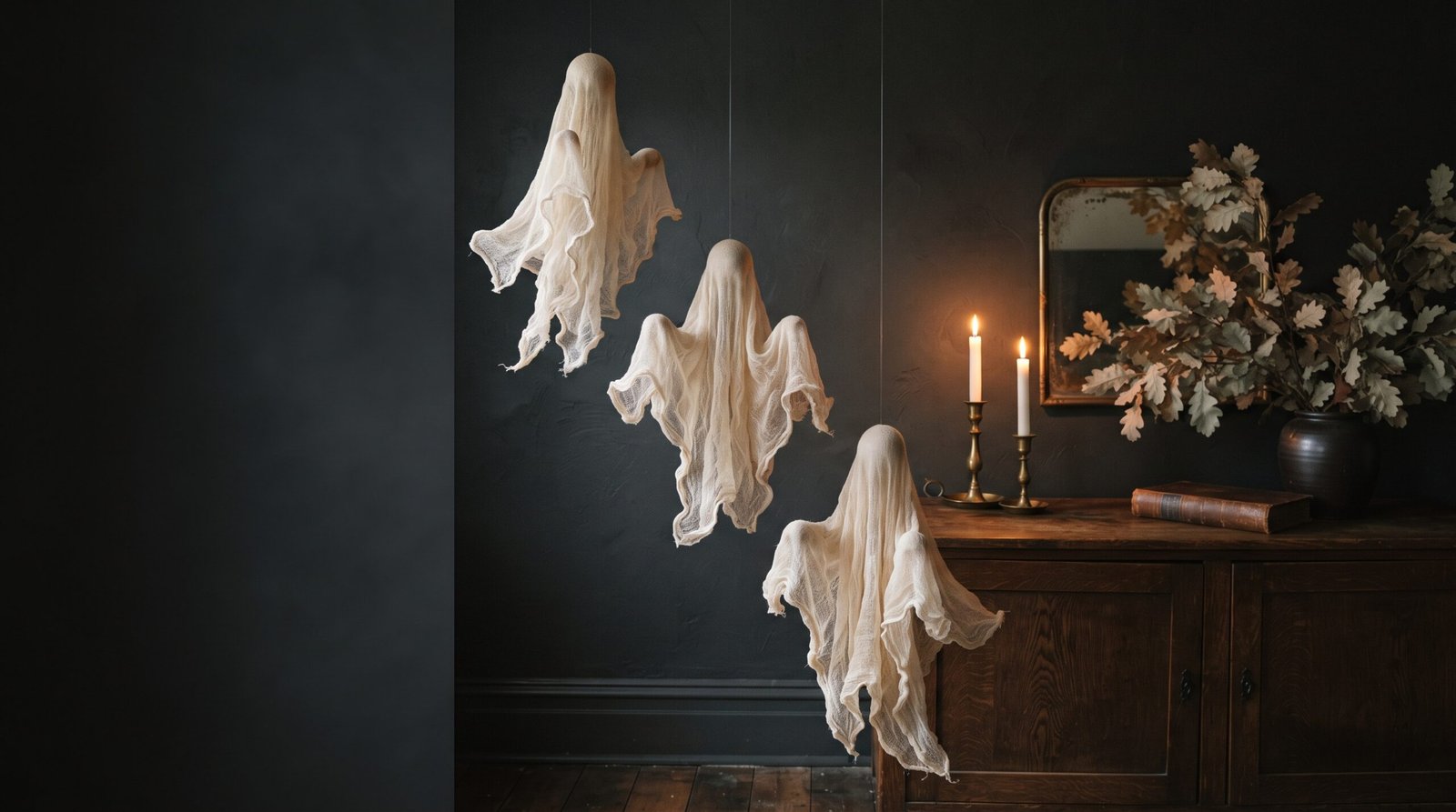 Three cheesecloth ghosts hanging at staggered heights against a charcoal wall, lit by warm candlelight