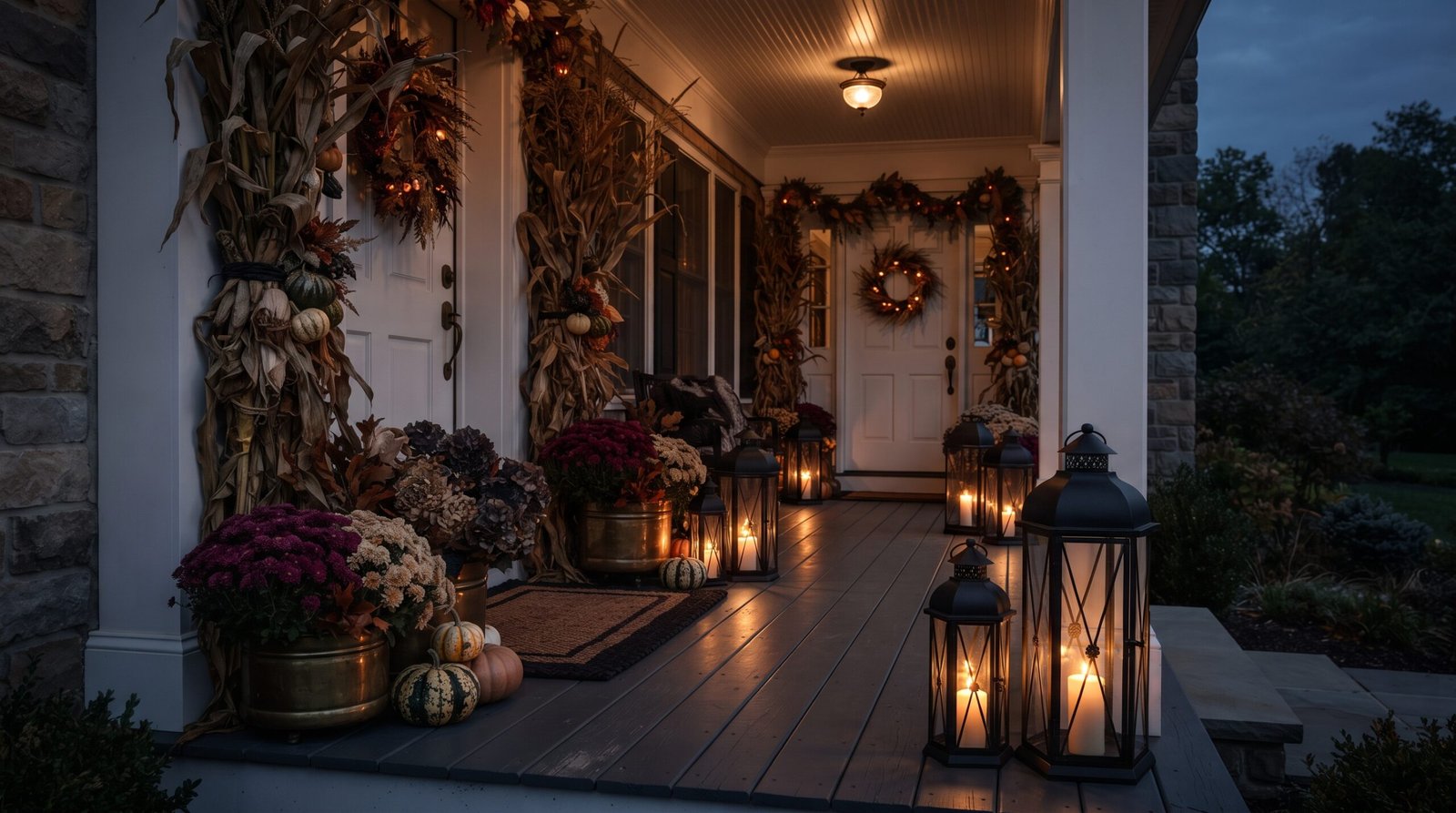 Halloween porch decor lit at night by warm amber lanterns in staggered heights with corn stalks and deep plum mums