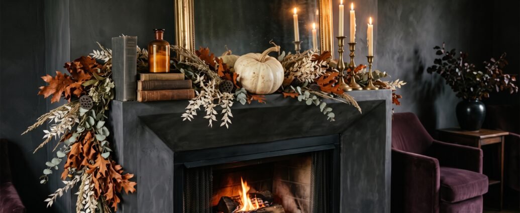 Elegant Halloween mantel decor with an asymmetric dried garland, brass candlesticks with cream tapers and a pale heirloom pumpkin