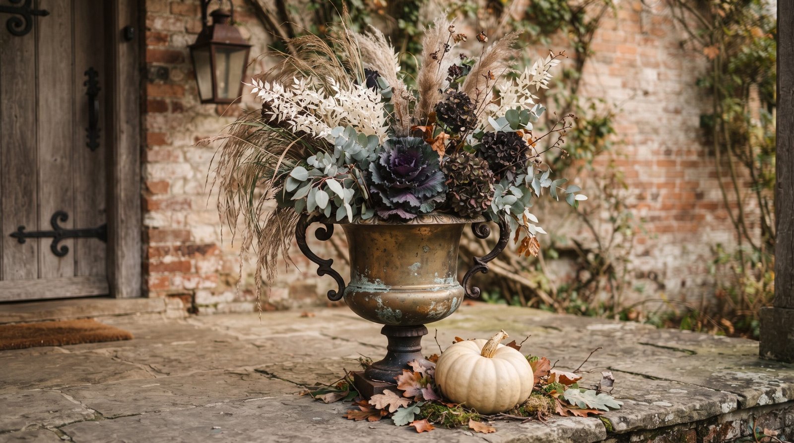 Weighted urn planter for Halloween porch decor filled with dried grasses, ornamental kale and a pale heirloom pumpkin
