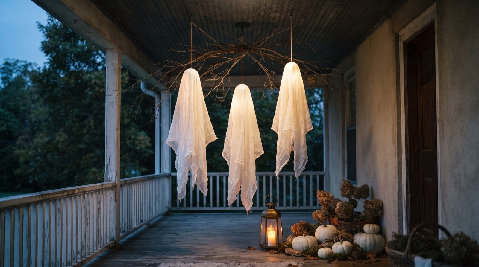 Cheesecloth ghosts hanging from a covered porch ceiling at dusk with cream pumpkins and a lantern below