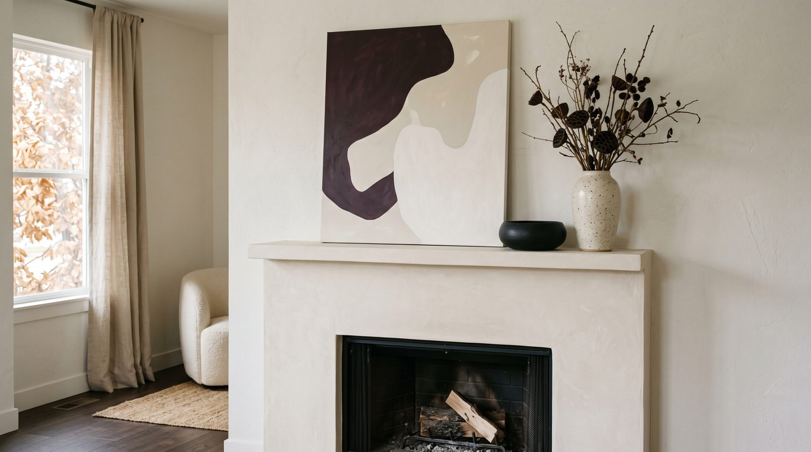 Minimal Halloween mantel decor with leaning plum and bone abstract art, a stoneware vase of dried branches and a matte black bowl