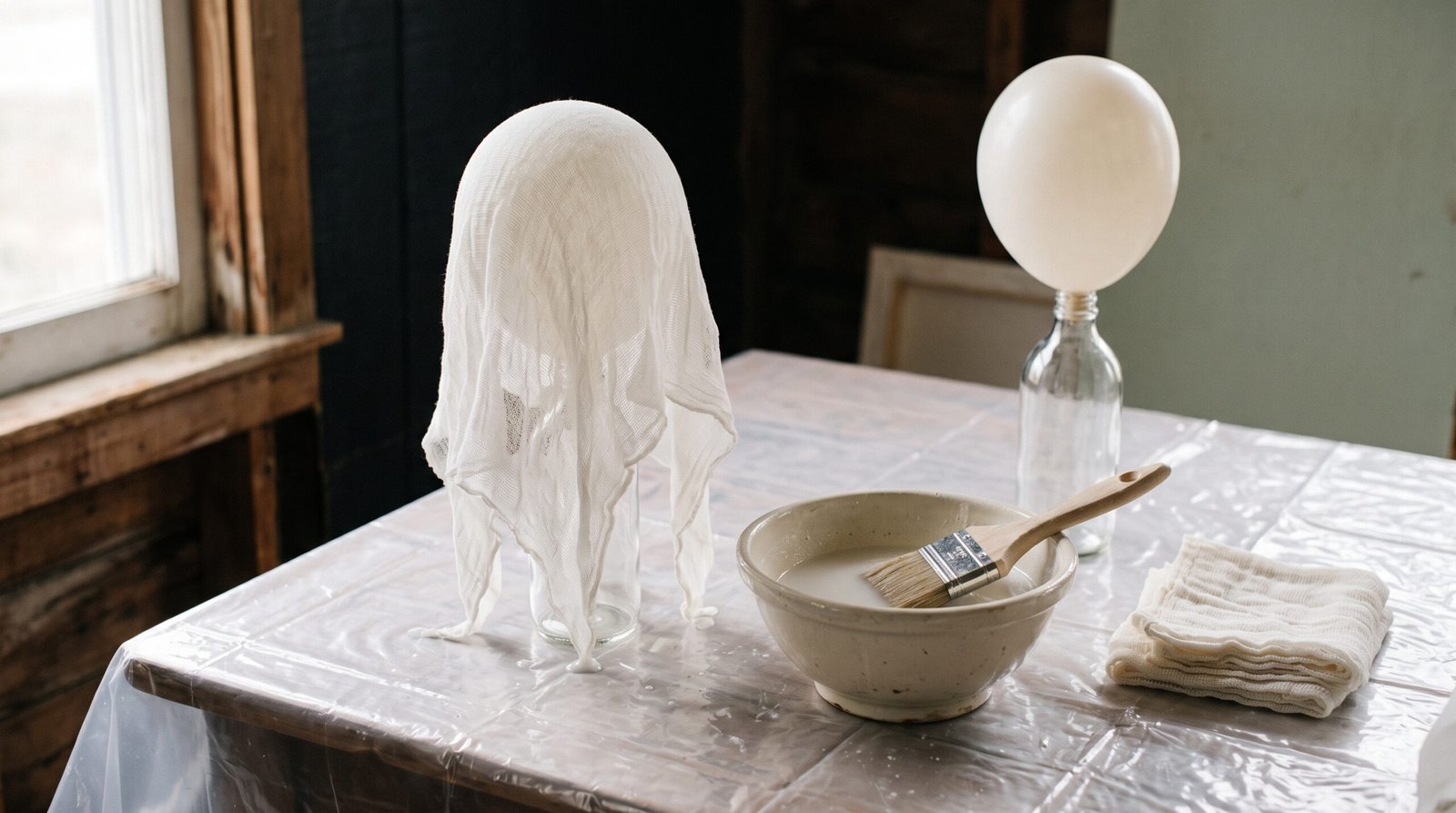 Making cheesecloth ghosts: wet cheesecloth draped over a balloon on a bottle beside a bowl of stiffening solution