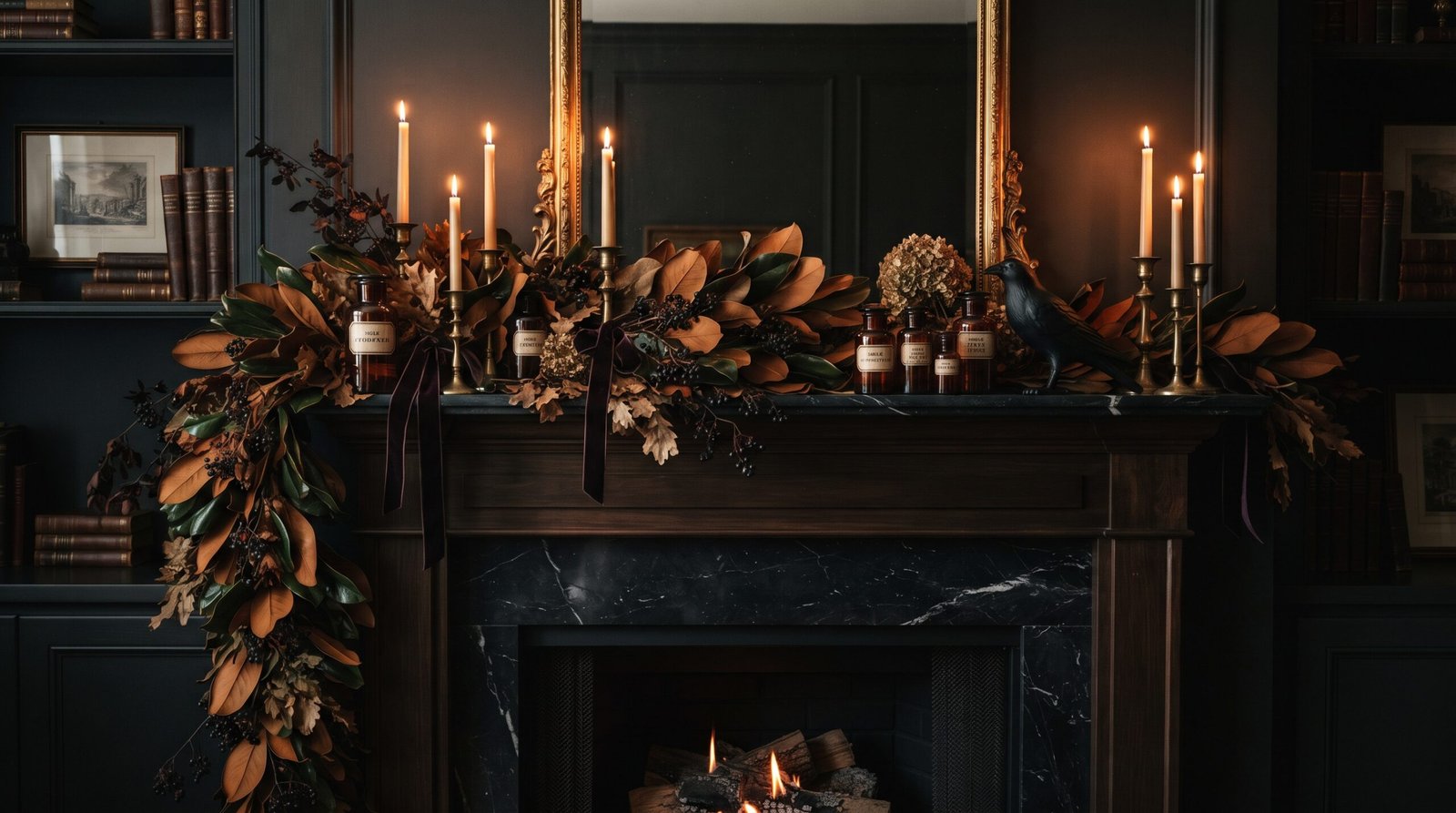 Traditional Halloween mantel decor with a dried magnolia garland, amber apothecary bottles and brass candlesticks on black marble