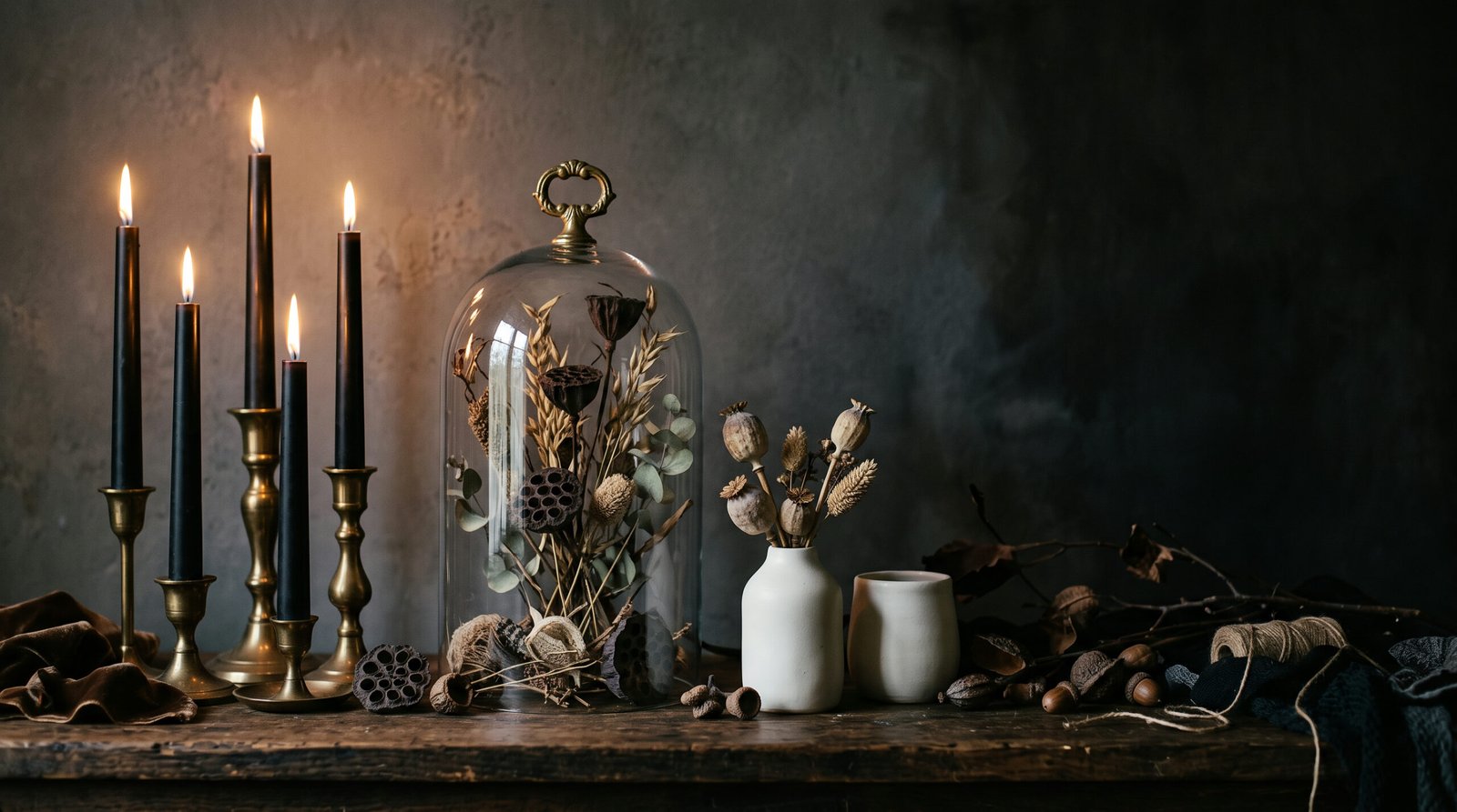 Classy Halloween decor vignette with matte black tapers in brass holders, a bell jar cloche and dried botanicals