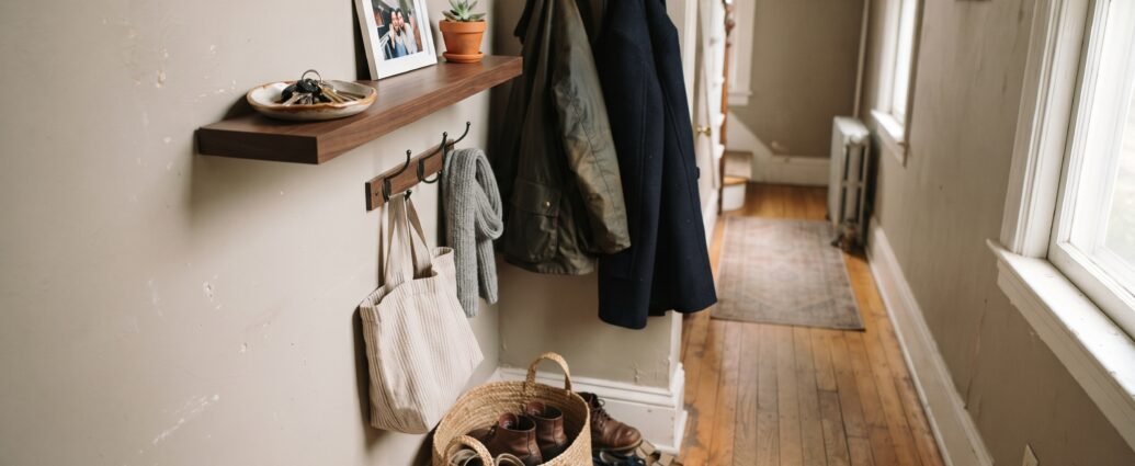 Small entryway hallway with a wall shelf, hooks, and a woven shoe basket