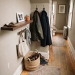 Small entryway hallway with a wall shelf, hooks, and a woven shoe basket