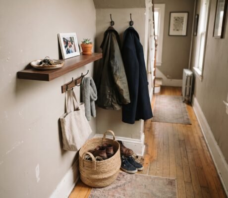 Small entryway hallway with a wall shelf, hooks, and a woven shoe basket