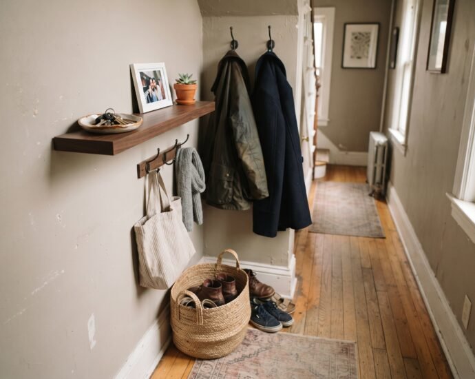 Small entryway hallway with a wall shelf, hooks, and a woven shoe basket