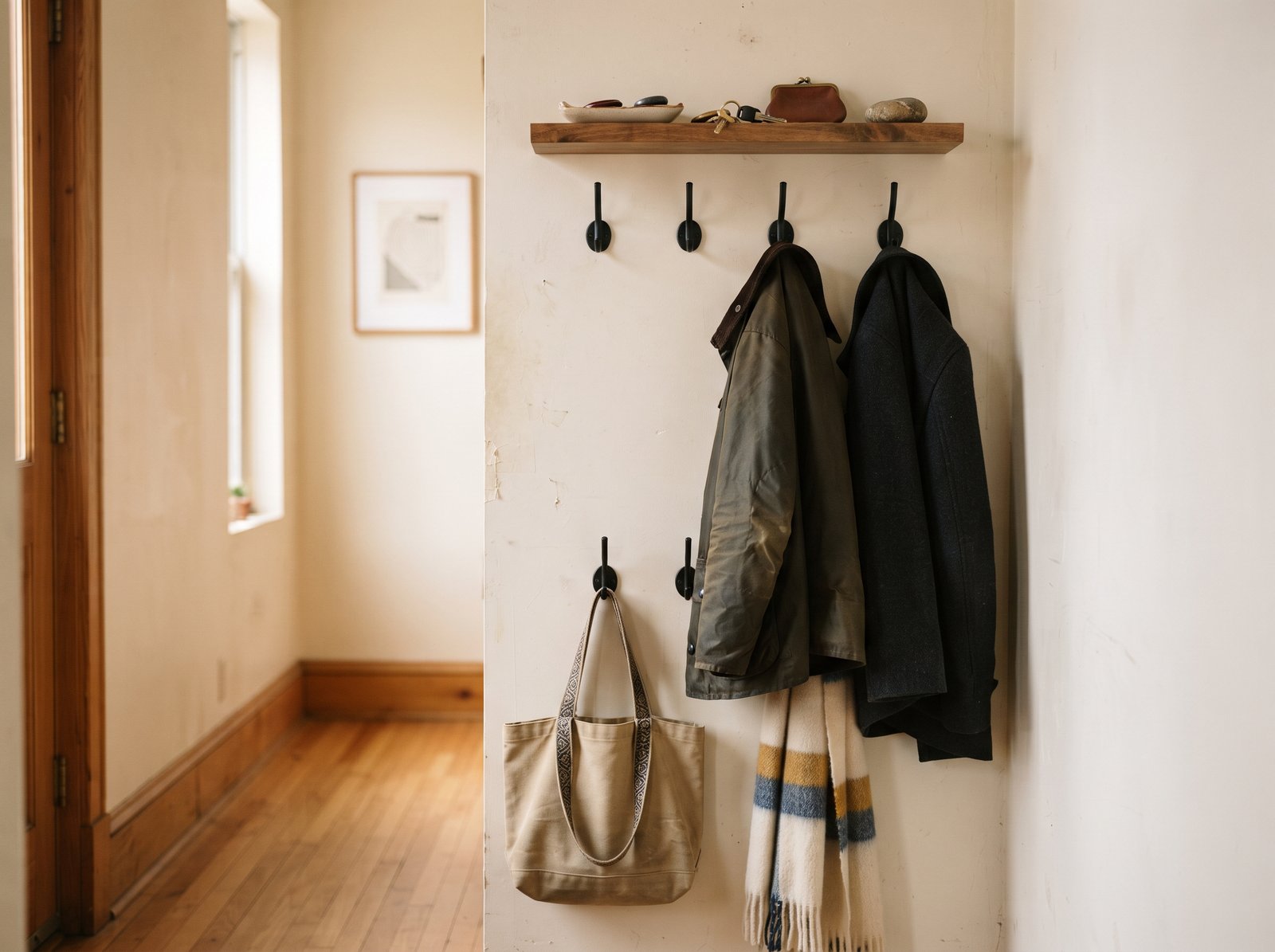 Two rows of wall hooks used as vertical entryway storage in a narrow hallway