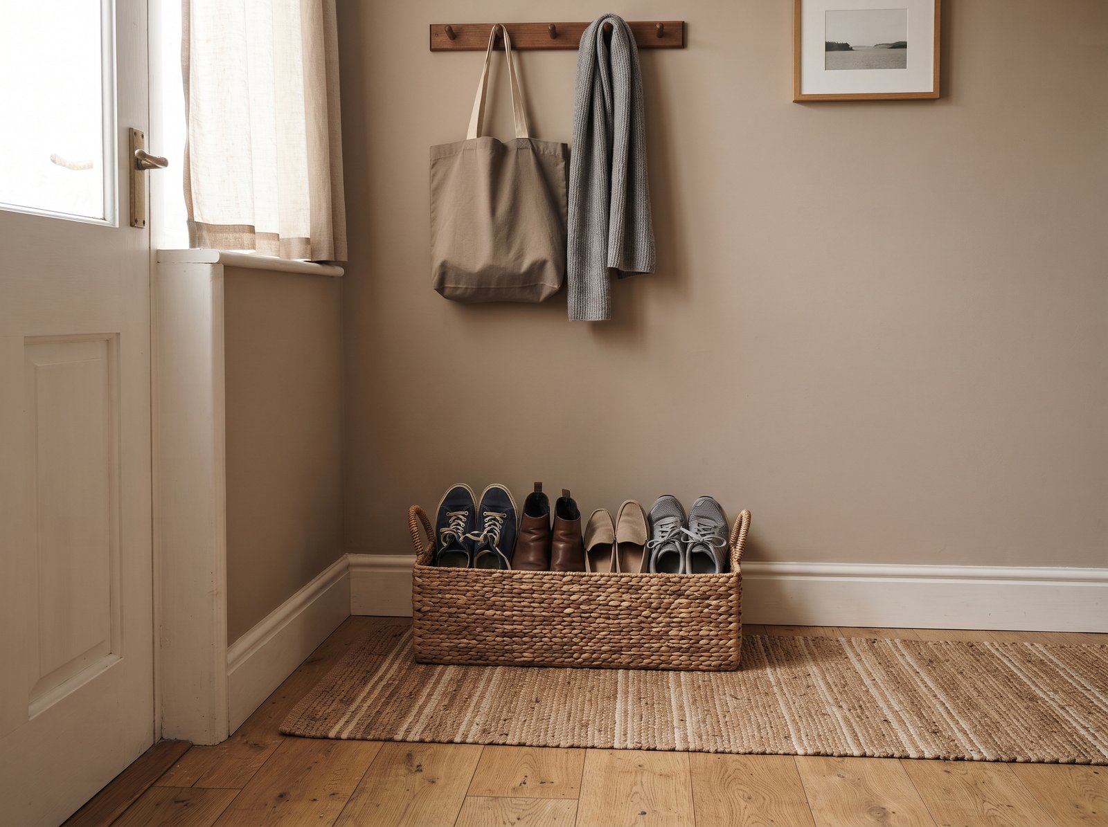 Small entryway corner with a woven shoe basket and floor mat instead of a bench