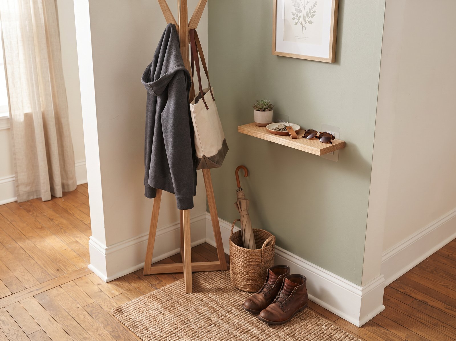 Freestanding coat rack and adhesive wall shelf for a renter-friendly entryway