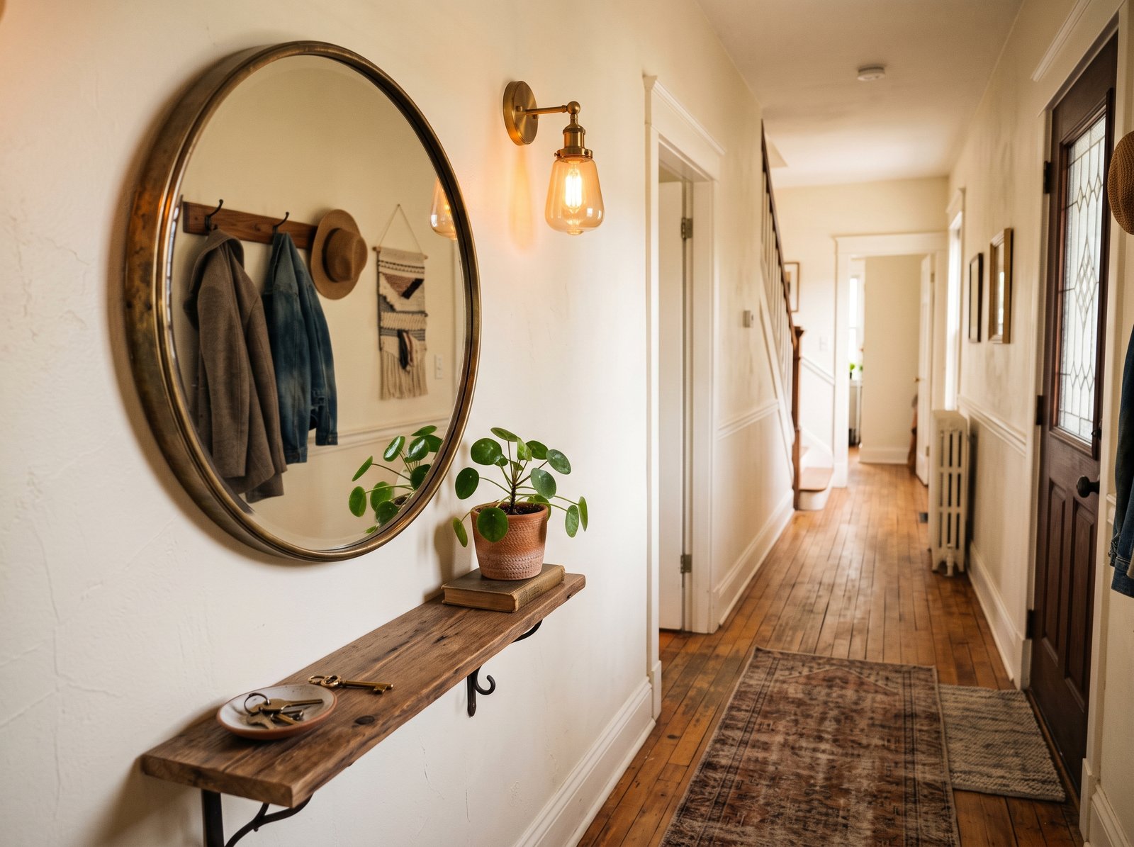 Small entryway styled with a round mirror, plant, and warm lighting