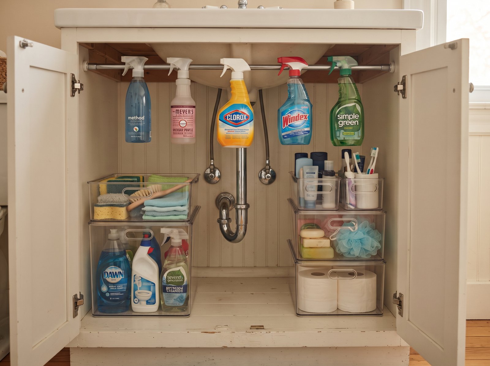 Under bathroom sink cabinet organized with a tension rod for spray bottles and clear stackable bins