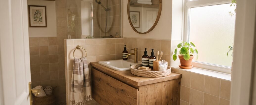 Small organized bathroom vanity with a woven tray, styled toiletries, and a potted plant