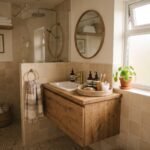 Small organized bathroom vanity with a woven tray, styled toiletries, and a potted plant