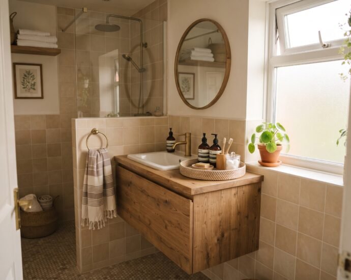 Small organized bathroom vanity with a woven tray, styled toiletries, and a potted plant