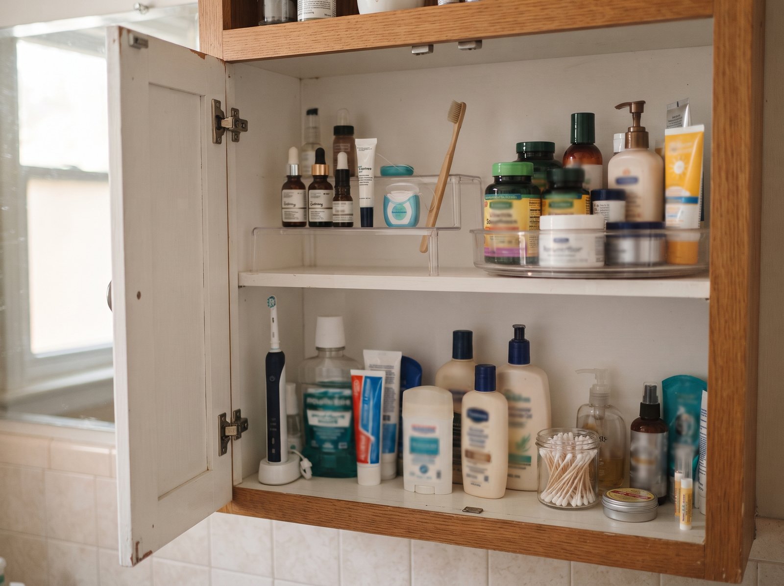 Bathroom medicine cabinet organized with shelf risers and a small turntable holding lotions and vitamins
